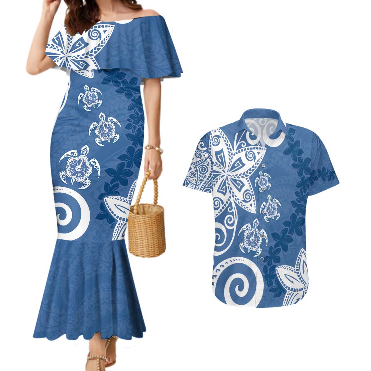 Polynesia Couples Matching Mermaid Dress and Hawaiian Shirt Blue Tribal Turtle Floral Pattern