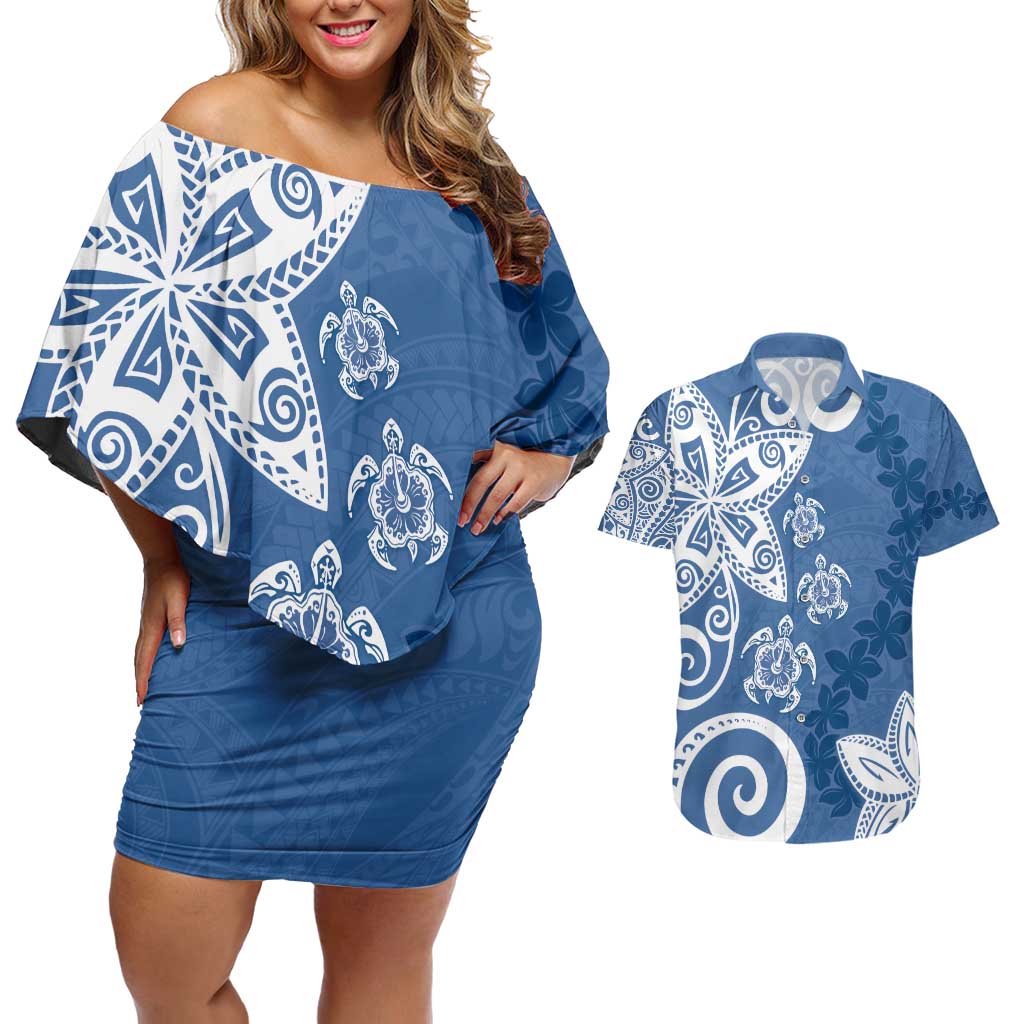 Polynesia Couples Matching Off Shoulder Short Dress and Hawaiian Shirt Blue Tribal Turtle Floral Pattern LT05 Blue - Polynesian Pride