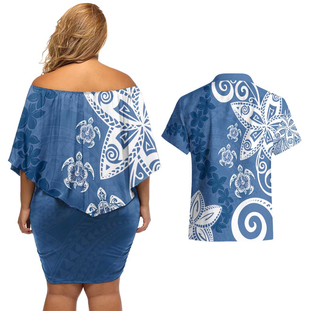 Polynesia Couples Matching Off Shoulder Short Dress and Hawaiian Shirt Blue Tribal Turtle Floral Pattern LT05 - Polynesian Pride