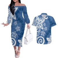Polynesia Couples Matching Off The Shoulder Long Sleeve Dress and Hawaiian Shirt Blue Tribal Turtle Floral Pattern LT05 Blue - Polynesian Pride