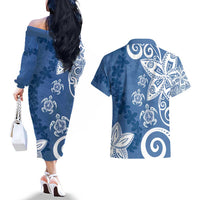 Polynesia Couples Matching Off The Shoulder Long Sleeve Dress and Hawaiian Shirt Blue Tribal Turtle Floral Pattern LT05 - Polynesian Pride