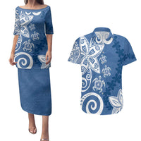 Polynesia Couples Matching Puletasi and Hawaiian Shirt Blue Tribal Turtle Floral Pattern LT05 Blue - Polynesian Pride