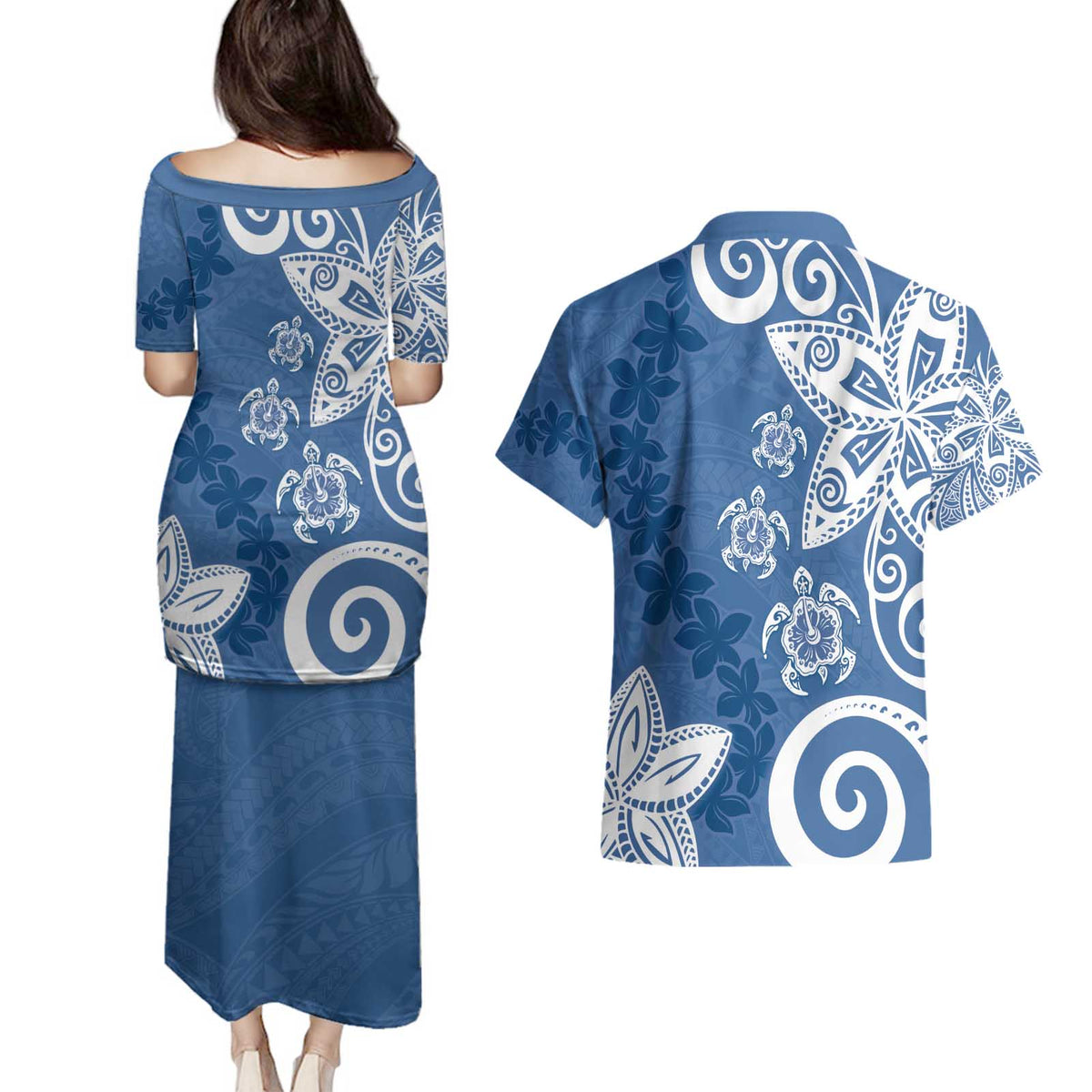 Polynesia Couples Matching Puletasi and Hawaiian Shirt Blue Tribal Turtle Floral Pattern LT05 - Polynesian Pride