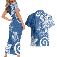 Polynesia Couples Matching Short Sleeve Bodycon Dress and Hawaiian Shirt Blue Tribal Turtle Floral Pattern LT05 - Polynesian Pride