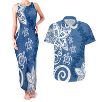 Polynesia Couples Matching Tank Maxi Dress and Hawaiian Shirt Blue Tribal Turtle Floral Pattern LT05 Blue - Polynesian Pride