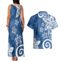 Polynesia Couples Matching Tank Maxi Dress and Hawaiian Shirt Blue Tribal Turtle Floral Pattern LT05 - Polynesian Pride
