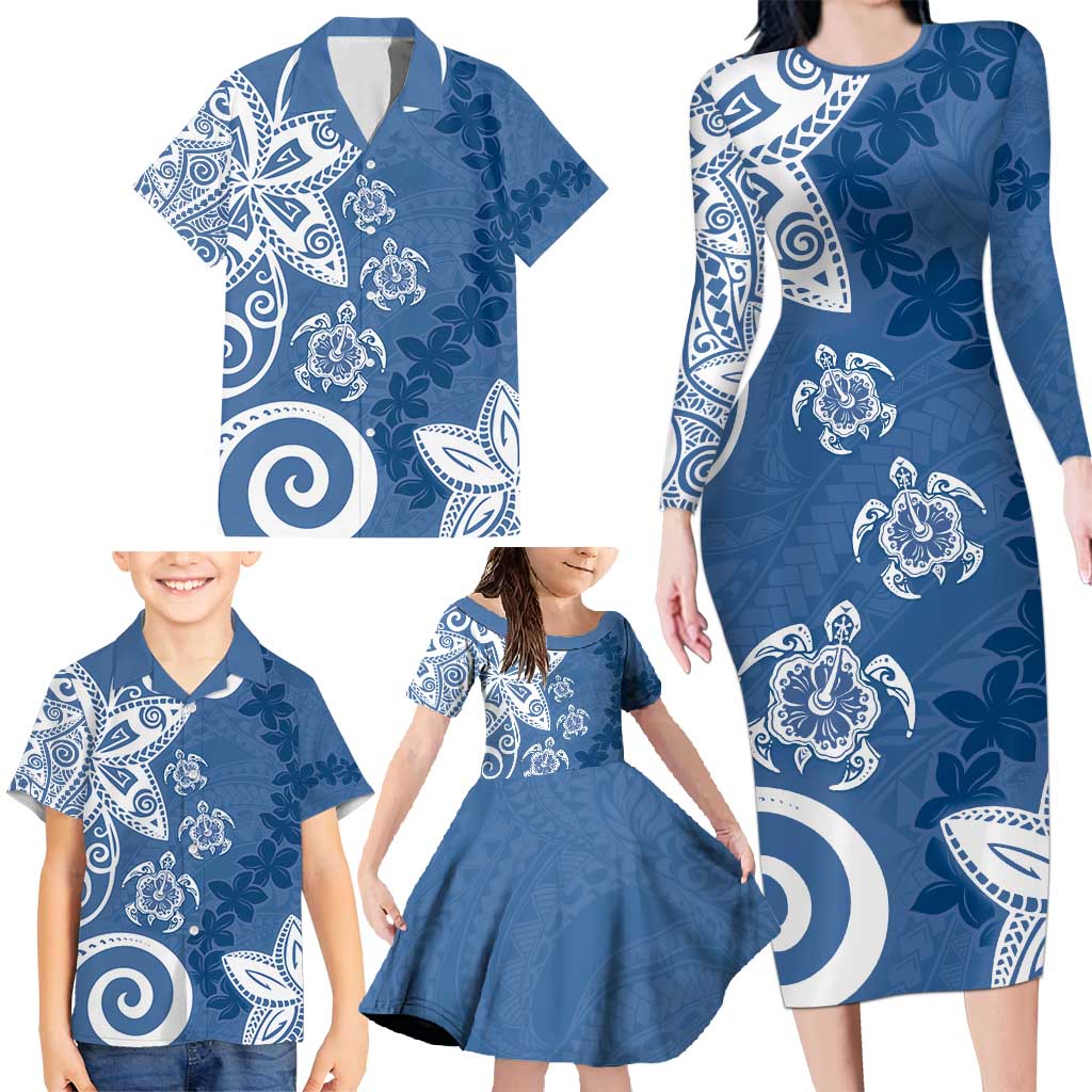 Polynesia Family Matching Long Sleeve Bodycon Dress and Hawaiian Shirt Blue Tribal Turtle Floral Pattern