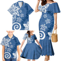 Polynesia Family Matching Mermaid Dress and Hawaiian Shirt Blue Tribal Turtle Floral Pattern