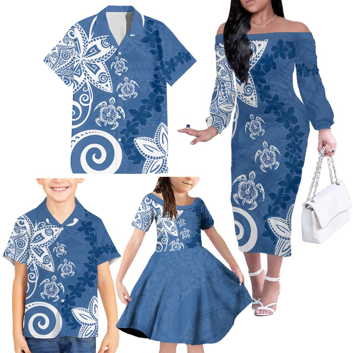 Polynesia Family Matching Off The Shoulder Long Sleeve Dress and Hawaiian Shirt Blue Tribal Turtle Floral Pattern