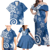 Polynesia Family Matching Off Shoulder Maxi Dress and Hawaiian Shirt Blue Tribal Turtle Floral Pattern