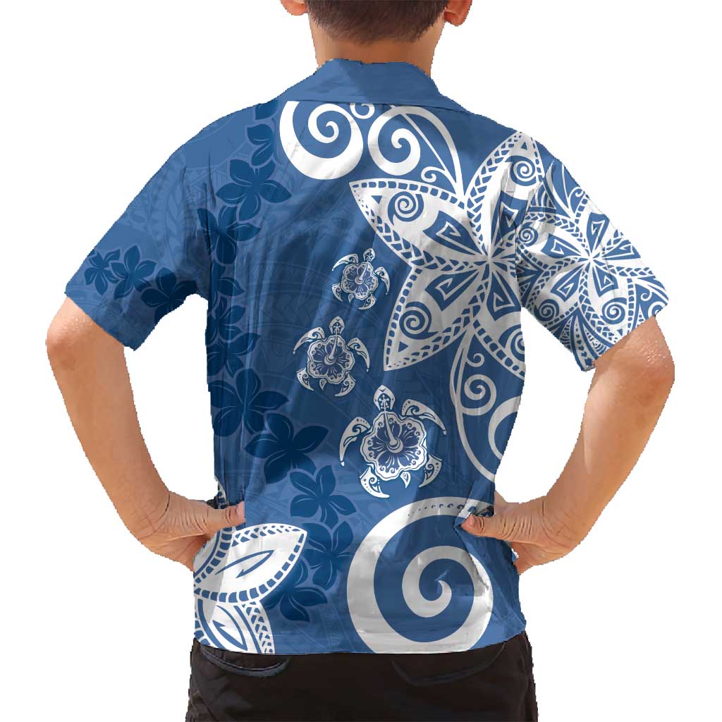 Polynesia Family Matching Puletasi and Hawaiian Shirt Blue Tribal Turtle Floral Pattern