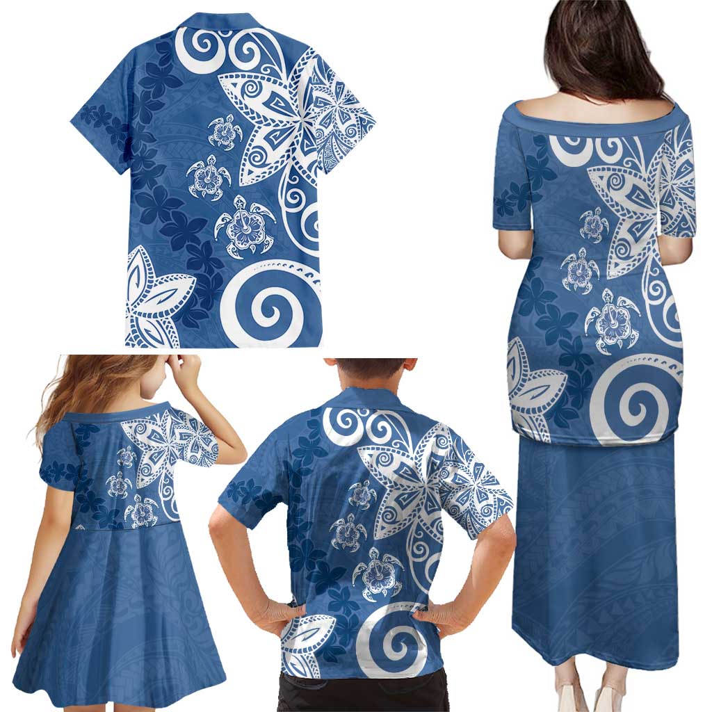 Polynesia Family Matching Puletasi and Hawaiian Shirt Blue Tribal Turtle Floral Pattern