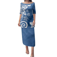 Polynesia Family Matching Puletasi and Hawaiian Shirt Blue Tribal Turtle Floral Pattern