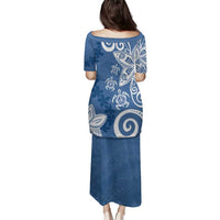 Polynesia Family Matching Puletasi and Hawaiian Shirt Blue Tribal Turtle Floral Pattern