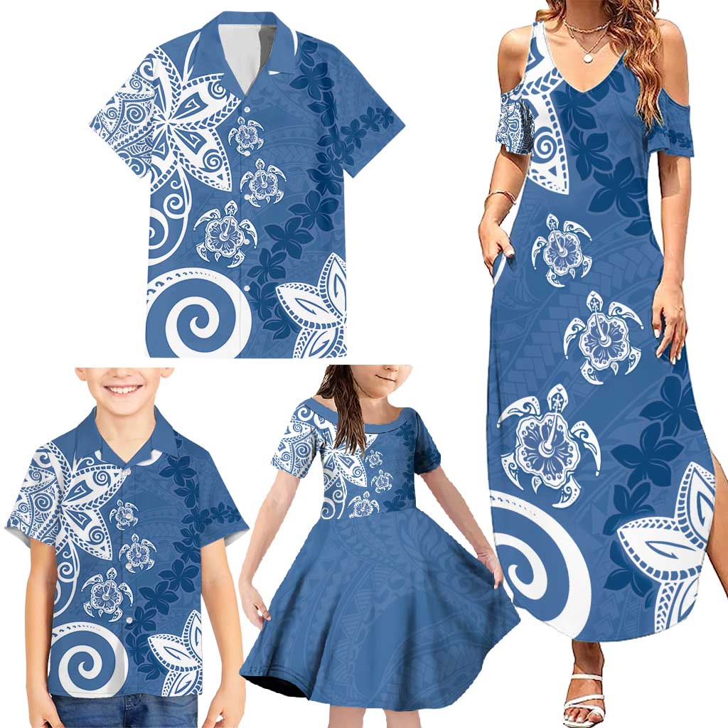 Polynesia Family Matching Summer Maxi Dress and Hawaiian Shirt Blue Tribal Turtle Floral Pattern