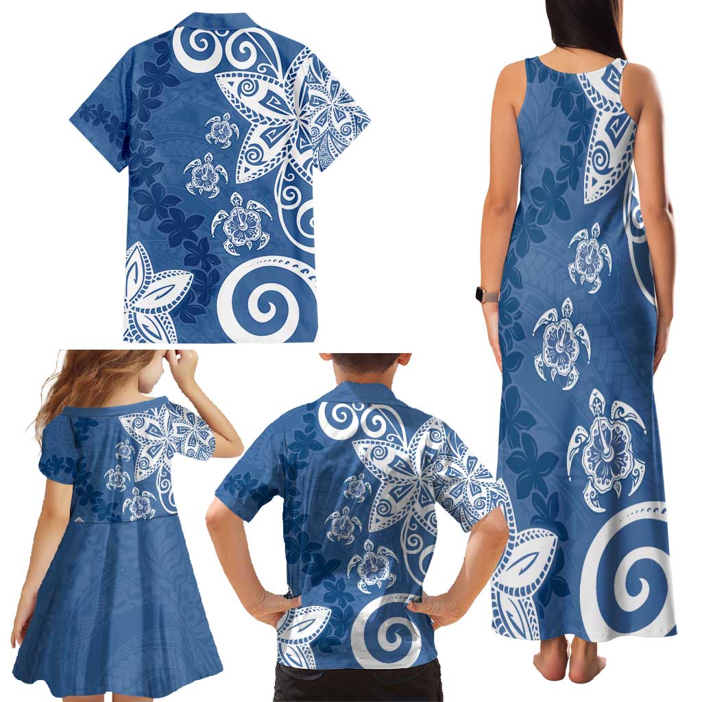 Polynesia Family Matching Tank Maxi Dress and Hawaiian Shirt Blue Tribal Turtle Floral Pattern