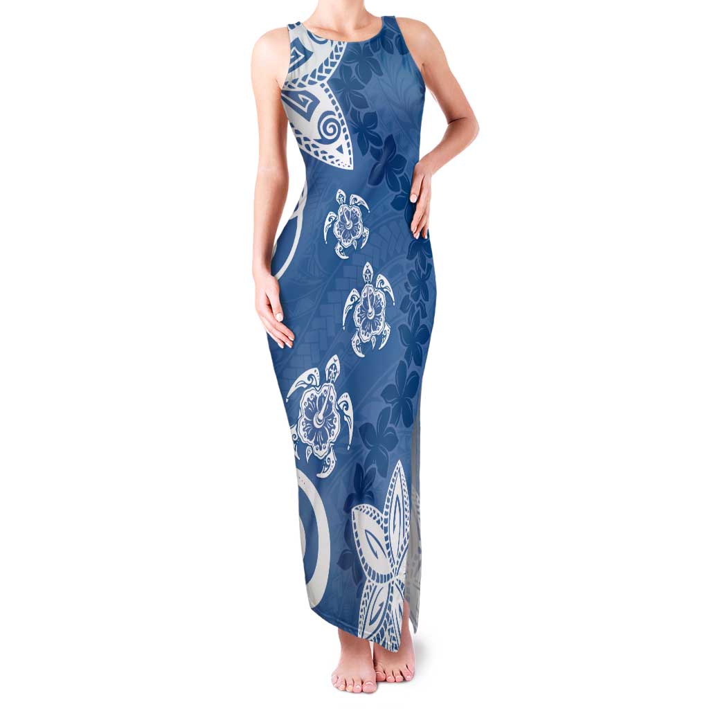 Polynesia Family Matching Tank Maxi Dress and Hawaiian Shirt Blue Tribal Turtle Floral Pattern