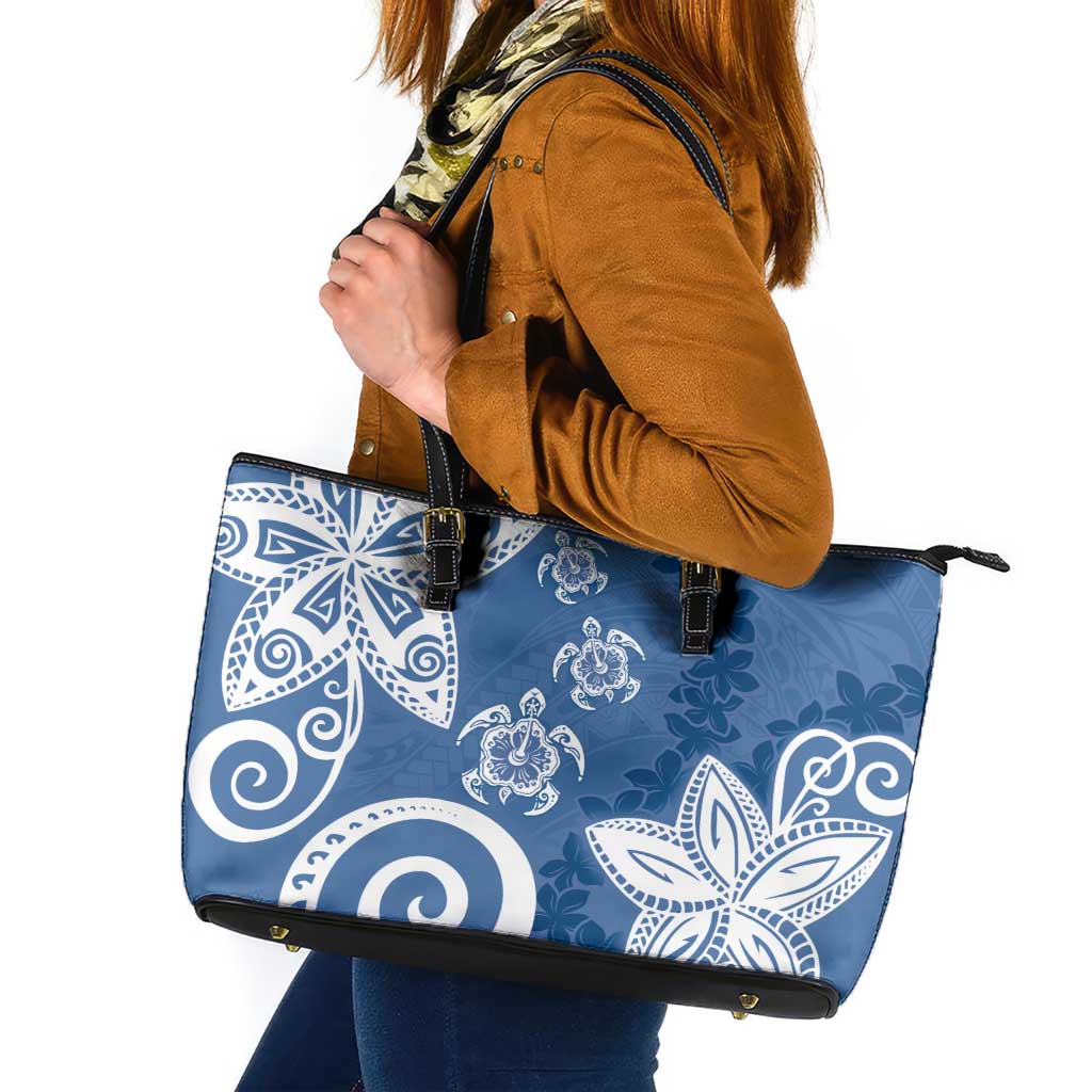Polynesia Leather Tote Bag Blue Tribal Turtle Floral Pattern LT05 Blue - Polynesian Pride
