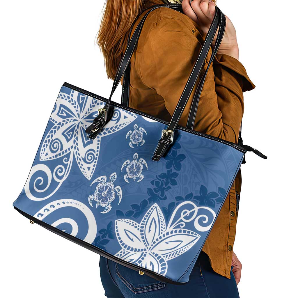 Polynesia Leather Tote Bag Blue Tribal Turtle Floral Pattern LT05 - Polynesian Pride