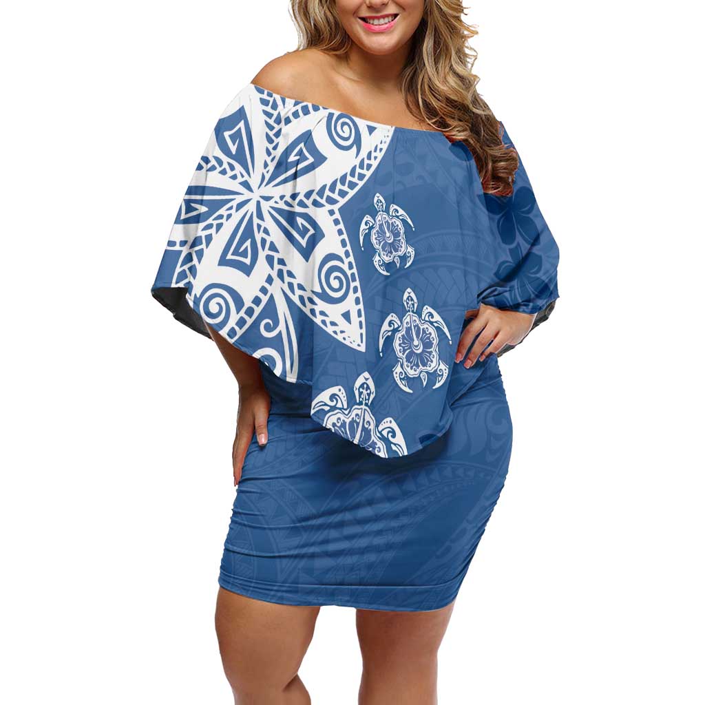 Polynesia Off Shoulder Short Dress Blue Tribal Turtle Floral Pattern LT05 Women Blue - Polynesian Pride
