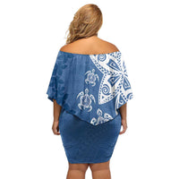 Polynesia Off Shoulder Short Dress Blue Tribal Turtle Floral Pattern LT05 - Polynesian Pride