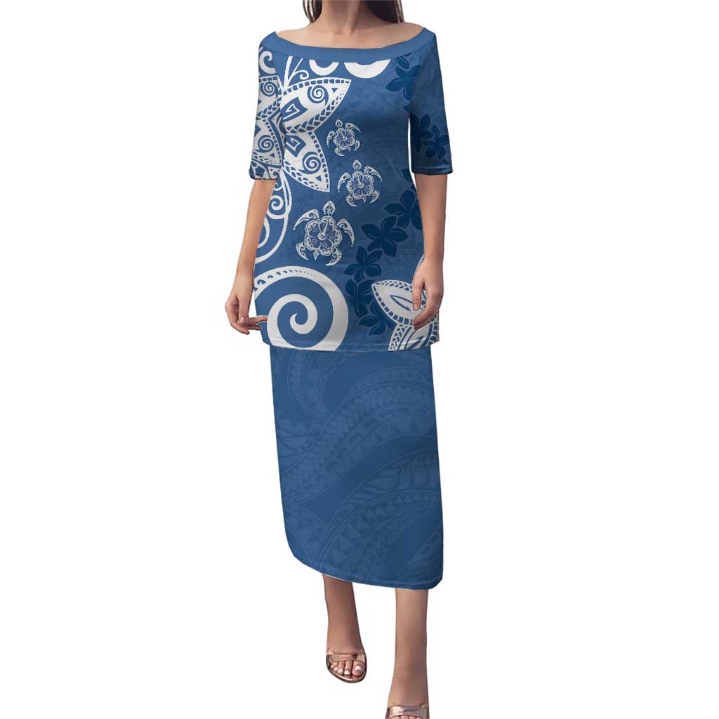 Polynesia Puletasi Blue Tribal Turtle Floral Pattern LT05 Long Dress Blue - Polynesian Pride