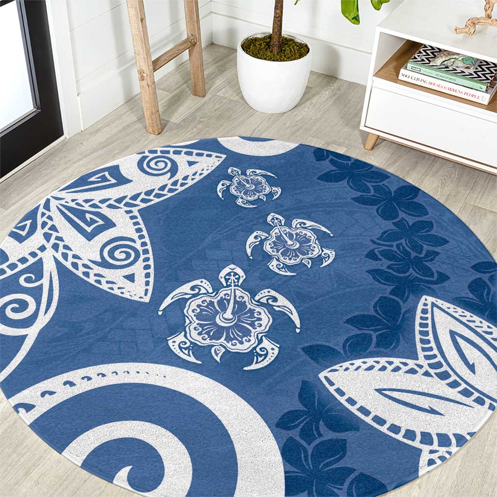 Polynesia Round Carpet Blue Tribal Turtle Floral Pattern