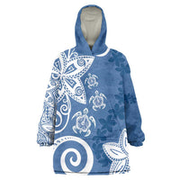 Polynesia Wearable Blanket Hoodie Blue Tribal Turtle Floral Pattern LT05 One Size Blue - Polynesian Pride