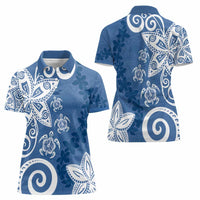 Polynesia Women Polo Shirt Blue Tribal Turtle Floral Pattern