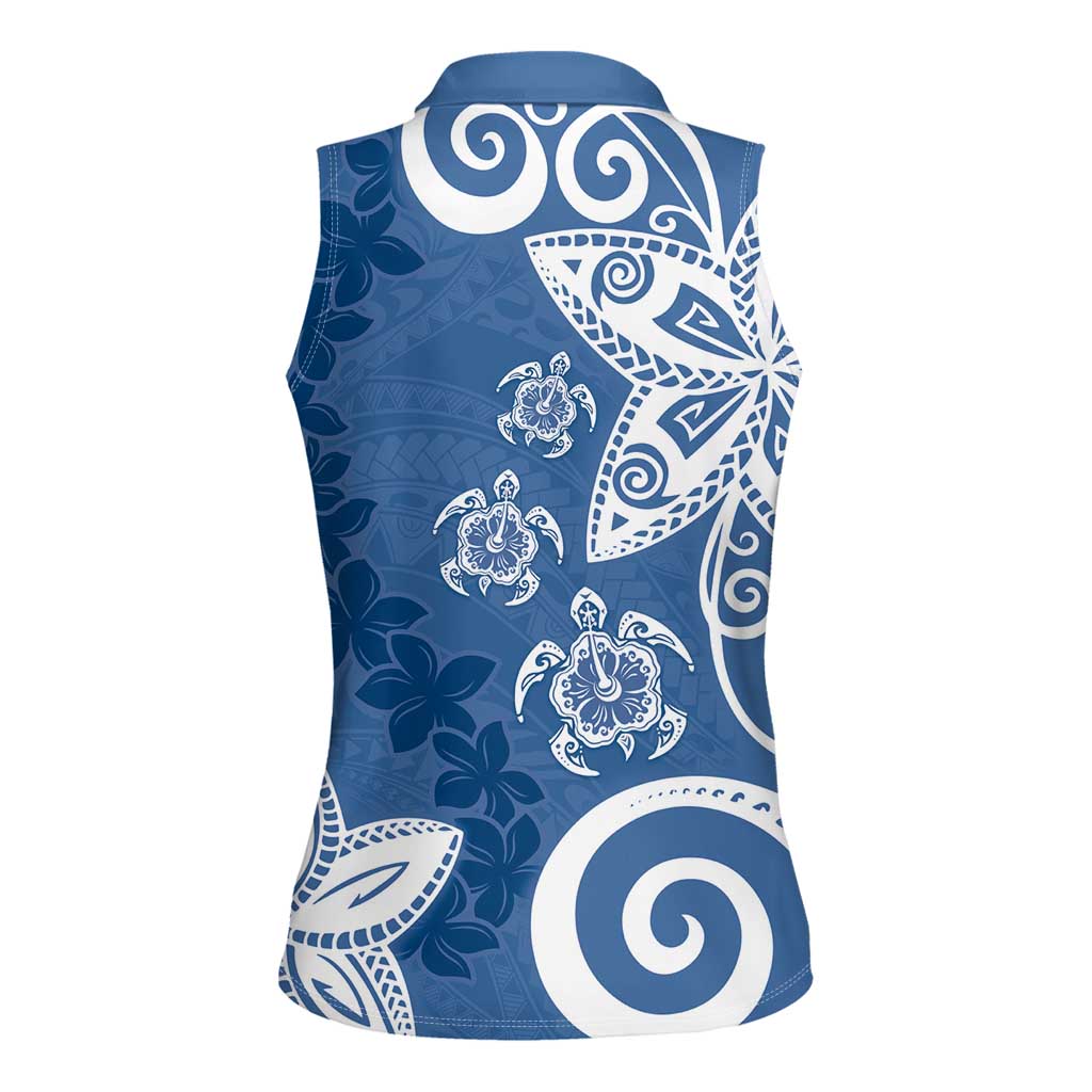 Polynesia Women Sleeveless Polo Shirt Blue Tribal Turtle Floral Pattern