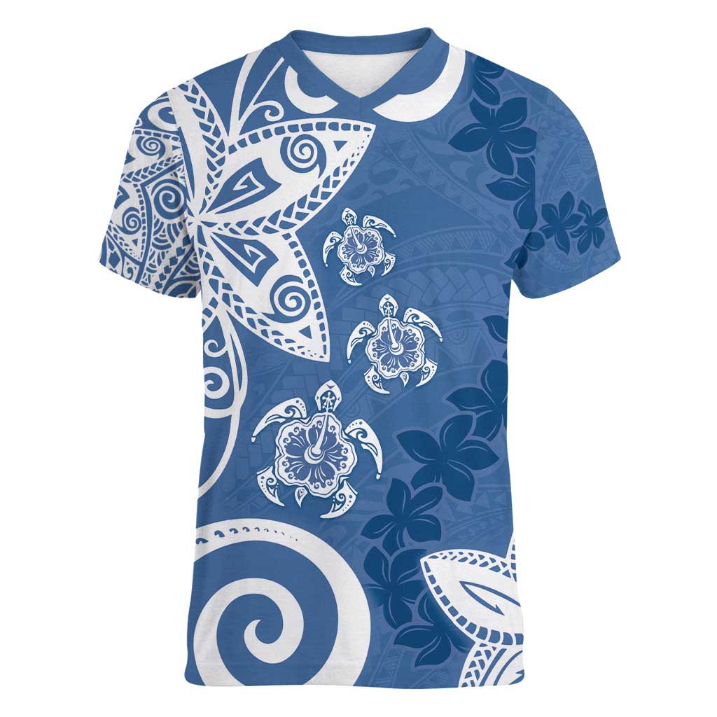 Polynesia Women V-Neck T-Shirt Blue Tribal Turtle Floral Pattern LT05 Female Blue - Polynesian Pride