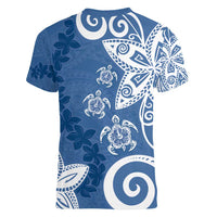 Polynesia Women V-Neck T-Shirt Blue Tribal Turtle Floral Pattern LT05 - Polynesian Pride