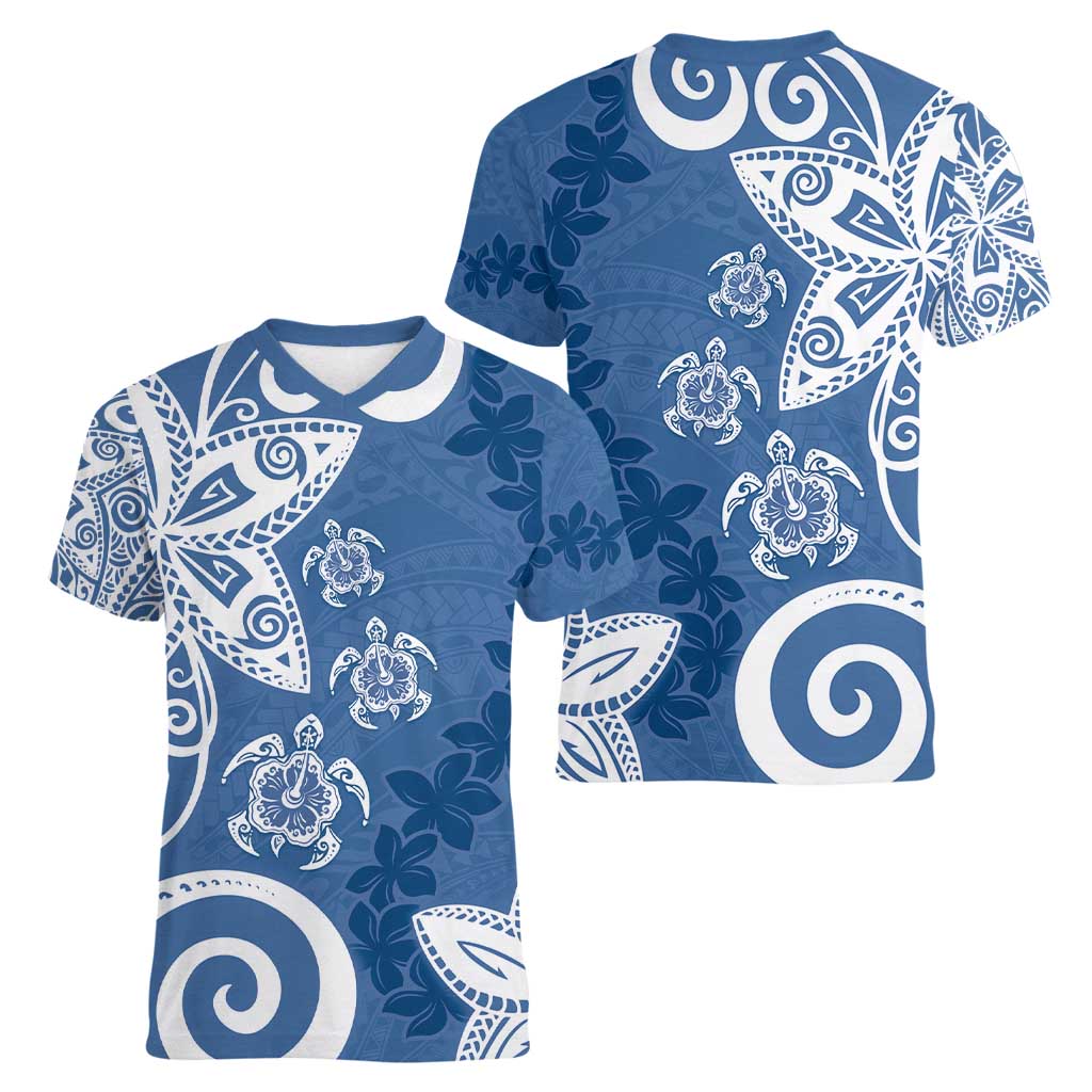 Polynesia Women V-Neck T-Shirt Blue Tribal Turtle Floral Pattern LT05 - Polynesian Pride