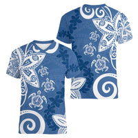Polynesia Women V-Neck T-Shirt Blue Tribal Turtle Floral Pattern LT05 - Polynesian Pride