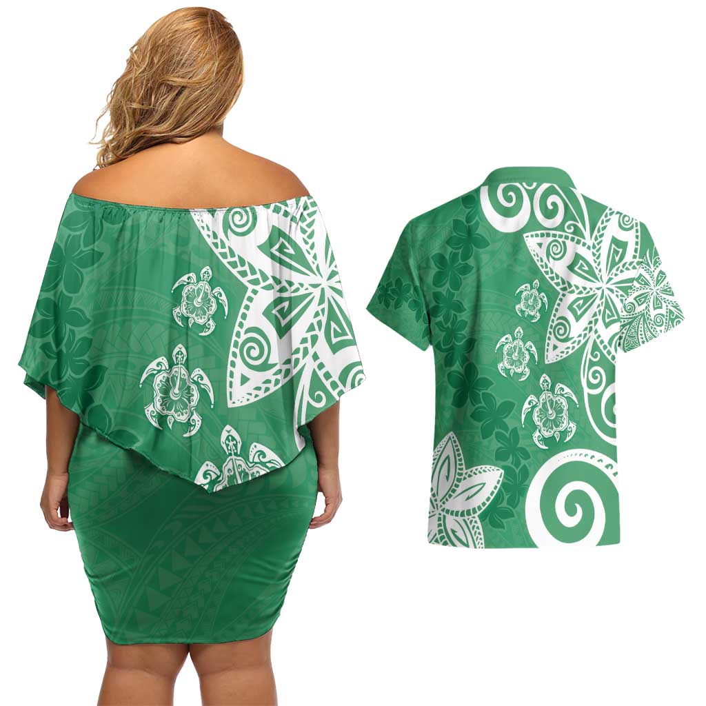Polynesia Couples Matching Off Shoulder Short Dress and Hawaiian Shirt Green Tribal Turtle Floral Pattern LT05 - Polynesian Pride