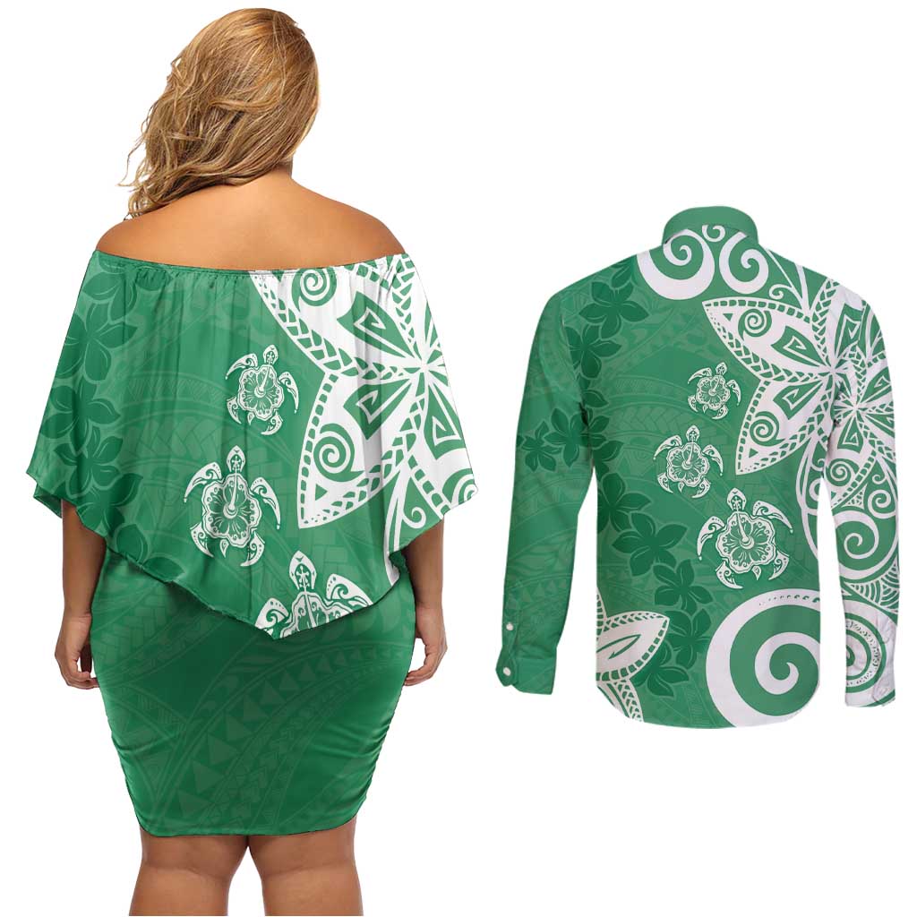 Polynesia Couples Matching Off Shoulder Short Dress and Long Sleeve Button Shirt Green Tribal Turtle Floral Pattern LT05 - Polynesian Pride