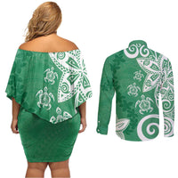 Polynesia Couples Matching Off Shoulder Short Dress and Long Sleeve Button Shirt Green Tribal Turtle Floral Pattern LT05 - Polynesian Pride