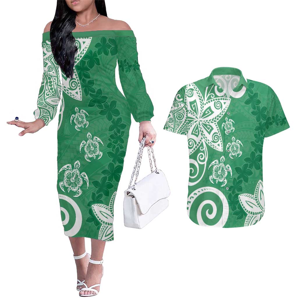 Polynesia Couples Matching Off The Shoulder Long Sleeve Dress and Hawaiian Shirt Green Tribal Turtle Floral Pattern LT05 Green - Polynesian Pride