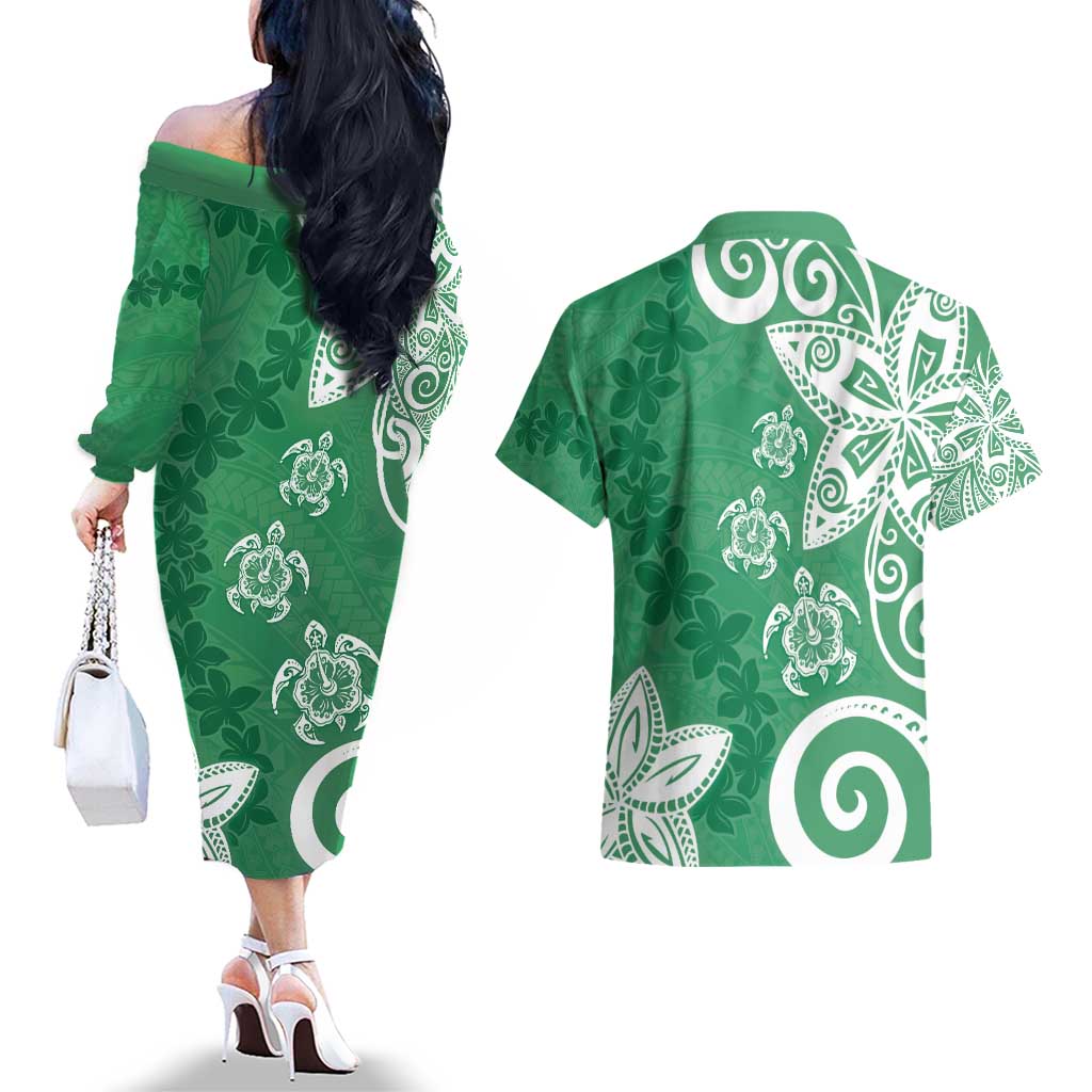 Polynesia Couples Matching Off The Shoulder Long Sleeve Dress and Hawaiian Shirt Green Tribal Turtle Floral Pattern LT05 - Polynesian Pride