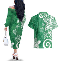 Polynesia Couples Matching Off The Shoulder Long Sleeve Dress and Hawaiian Shirt Green Tribal Turtle Floral Pattern LT05 - Polynesian Pride