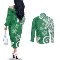 Polynesia Couples Matching Off The Shoulder Long Sleeve Dress and Long Sleeve Button Shirt Green Tribal Turtle Floral Pattern LT05 - Polynesian Pride