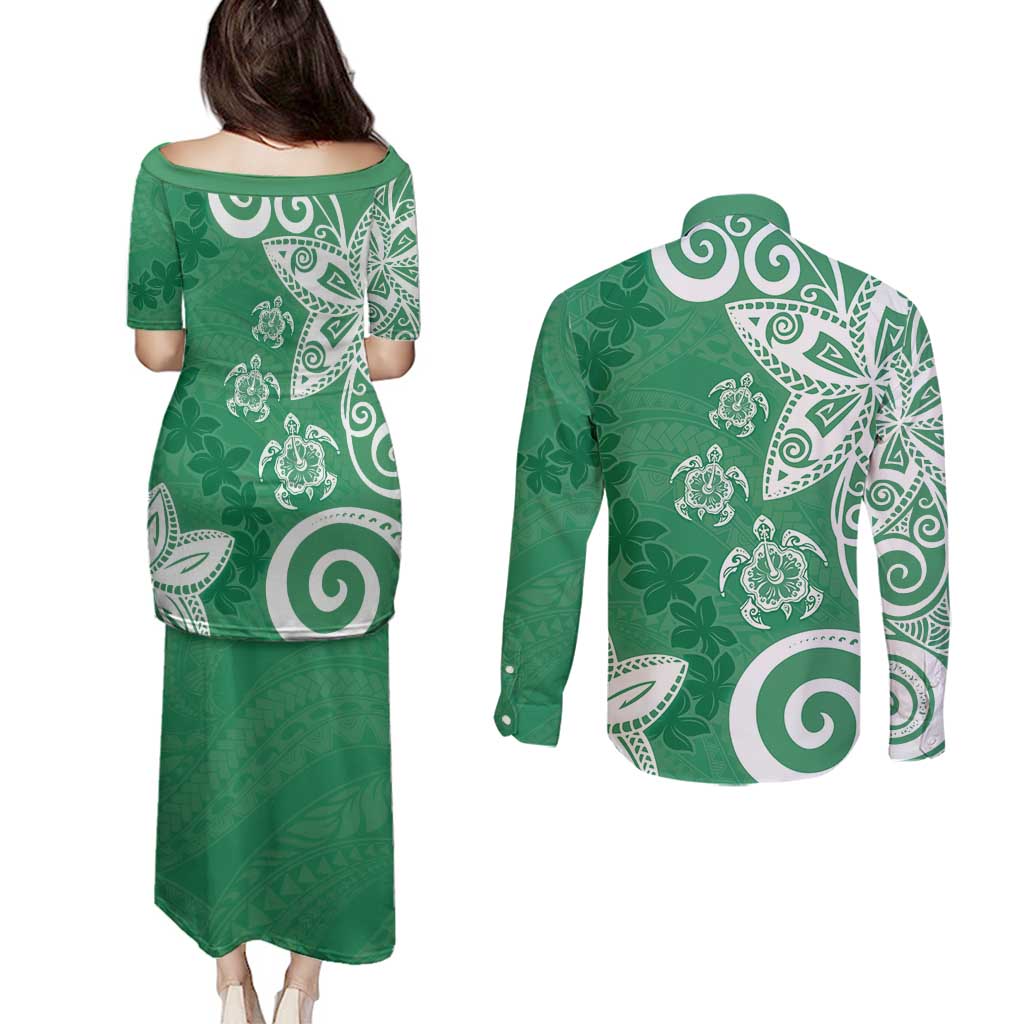 Polynesia Couples Matching Puletasi and Long Sleeve Button Shirt Green Tribal Turtle Floral Pattern LT05 - Polynesian Pride
