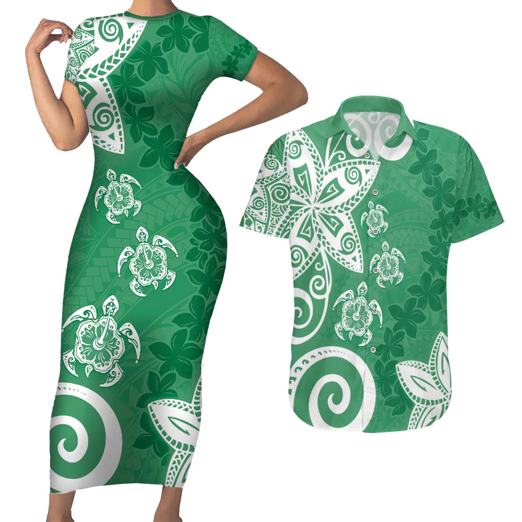Polynesia Couples Matching Short Sleeve Bodycon Dress and Hawaiian Shirt Green Tribal Turtle Floral Pattern LT05 Green - Polynesian Pride