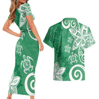 Polynesia Couples Matching Short Sleeve Bodycon Dress and Hawaiian Shirt Green Tribal Turtle Floral Pattern LT05 - Polynesian Pride