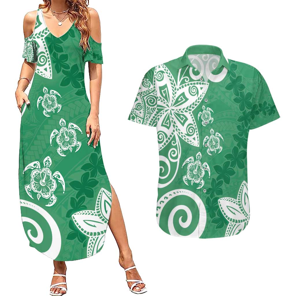 Polynesia Couples Matching Summer Maxi Dress and Hawaiian Shirt Green Tribal Turtle Floral Pattern LT05 Green - Polynesian Pride