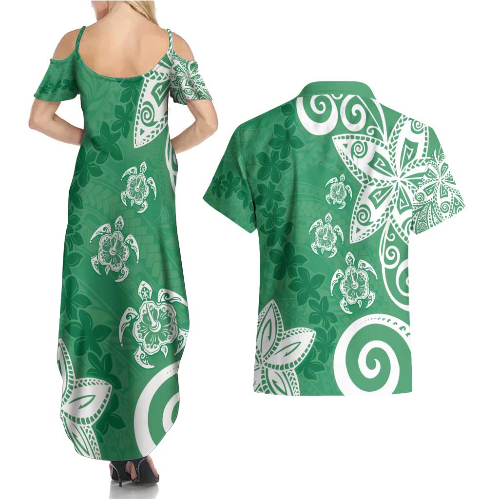 Polynesia Couples Matching Summer Maxi Dress and Hawaiian Shirt Green Tribal Turtle Floral Pattern LT05 - Polynesian Pride