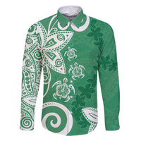 Polynesia Family Matching Long Sleeve Bodycon Dress and Hawaiian Shirt Green Tribal Turtle Floral Pattern