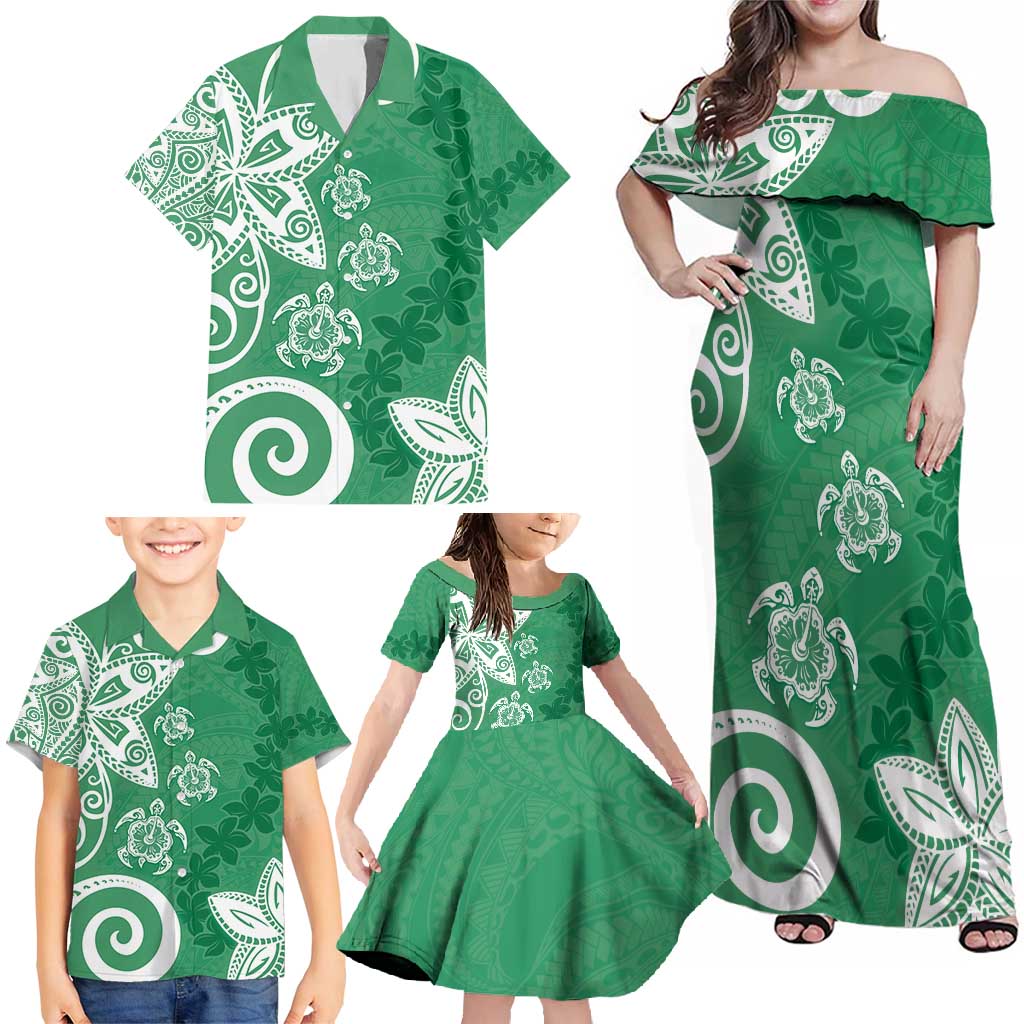 Polynesia Family Matching Off Shoulder Maxi Dress and Hawaiian Shirt Green Tribal Turtle Floral Pattern