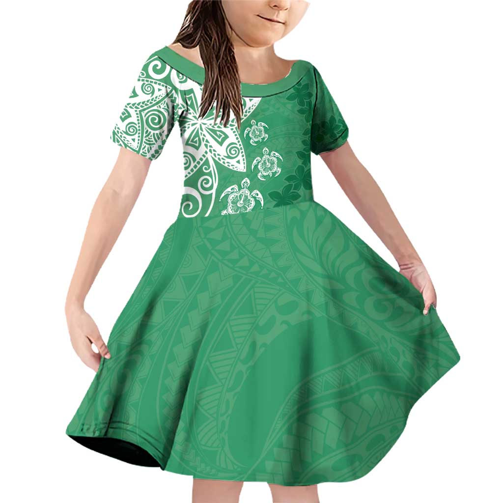 Polynesia Family Matching Off Shoulder Short Dress and Hawaiian Shirt Green Tribal Turtle Floral Pattern