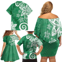 Polynesia Family Matching Off Shoulder Short Dress and Hawaiian Shirt Green Tribal Turtle Floral Pattern
